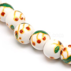Handmade Flower Printed Porcelain Ceramic Beads Strands, Round, Green, 6mm, Hole: 2mm, about 62pcs/strand, 15.1inch
