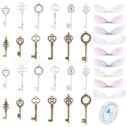 SUNNYCLUE Tibetan Style Pendants, Lead Free and Cadmium Free, Skeleton Key Pendants, with Organza Fabric, Mixed Color, 77x26x3mm