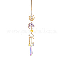 Glass Cone Pendant Decoration, Hanging Suncatchers, with Tree of Life Natural Amethyst Chip amd Metal Moon Link for Home Garden Decoration, 400mm