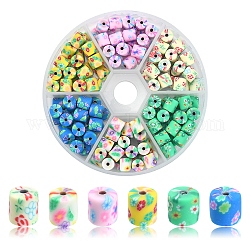 150 Stück 6 Farben handgefertigte Polymer Clay Perlen, Säule mit Blumen, Mischfarbe, 6x5 mm, Bohrung: 1 mm, 25 Stk. je Farbe
