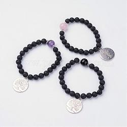 Alloy Charm Bracelets, with Natural Lava Rock Beads and Mixed Stone, 2-1/8 inch(54mm)