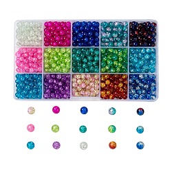 Perles de verre craquelé peintes, ronde, avec des conteneurs de stockage de perles en plastique rectangle, couleur mixte, 6mm, Trou: 1.3~1.6mm, environ 1050 pcs / boîte