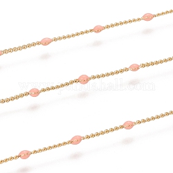 Handmade Brass Curb Chains, Heart Link Chains, with Enamel and Spool, Unwelded, Long-Lasting Plated, Cadmium Free & Nickel Free & Lead Free, Real 18k Gold Plated, Light Salmon, 1.5x1x0.1mm, about 32.8 Feet(10m)/roll