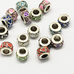 Perles européennes alliage strass de style de l'émail, Rondelle de grandes perles de trou, argent antique, couleur mixte, 10x7mm, Trou: 5mm