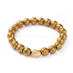 Bracciali unisex elasticizzati, con perle tonde sfaccettate non magnetiche in ematite sintetica e perle in lega placcate oro 18k reale, buddha testa, oro, 2-1/4 pollice (5.7 cm)