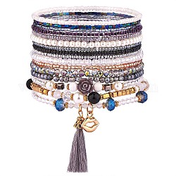 11шт бохо бисер стрейч браслеты набор, многослойные составные браслеты, красочные браслеты с кисточками для женщин, чёрные, внутренний диаметр: 1-3/4~2-1/8 дюйм (4.5~5.5 см)