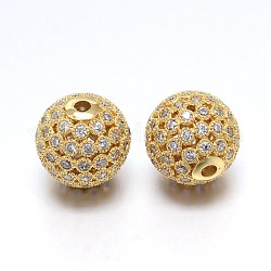 Brass Micro Pave Cubic Zirconia Round Beads, Lead Free & Cadmium Free & Nickel Free, Clear, Real 18K Gold Plated, 12mm, Hole: 2mm
