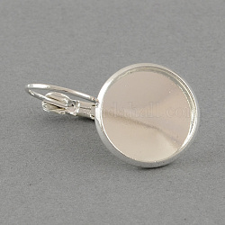 Brass Leverback Earring Findings, with Flat Round Tray, Silver Color Plated, Tray: 20mm, 32x22mm, pin: 0.8mm