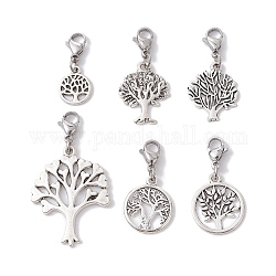 6 pezzo di decorazioni con pendenti in lega albero della vita, con chiusure moschettone, argento antico e platino, 25~45mm