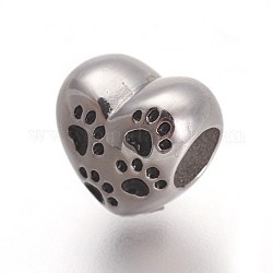Rétro 316 perles de style européen en acier inoxydable chirurgical, Perles avec un grand trou   , coeur avec des empreintes de patte de chien, argent antique, 10.5x11.5x8mm, Trou: 4.5mm