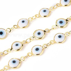 3.28 Feet Handmade Evil Eye Lampwork Link Chains, Soldered, with Brass Findings, Long-Lasting Plated, Flat Round, Golden, White, 13x7x2.5mm, Hole: 1.5mm