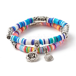 Ensemble de bracelets extensibles en perles heishi en argile polymère faits à la main, bracelets à breloques en alliage de fleurs et de coquillages pour femmes, couleur mixte, diamètre intérieur: 2 pouce (5.2 cm), 2 pièces / kit