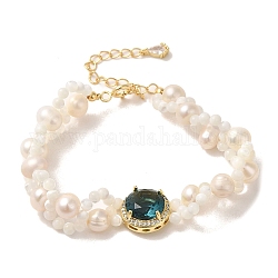 Bracelets à maillons ronds plats et strass en zircon bleu, bracelet en perles naturelles et coquillages, véritable 14k plaqué or, 5-3/4 pouce (14.7 cm)