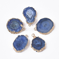 Natural Druzy Agate Pendants, with Brass Finding, Golden Tone Edge Plated, Dyed, Nuggets, Royal Blue, 22~33x18~25x5~7mm, Hole: 1.2~2mm