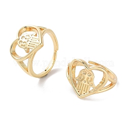 Латунные регулируемые кольца для женщин, сердце с рукой хамса, реальный 18k позолоченный, внутренний диаметр: 18.4 мм