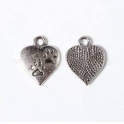 Tibetan Style Alloy Pendants, Lead Free & Cadmium Free, Heart with Paw Print, Antique Silver, 17x13x2mm, Hole: 3mm