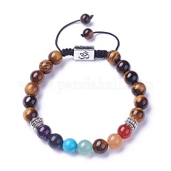 Bijoux chakra, bracelets de perles tressées en pierre naturelle et synthétique, avec oeil de tigre naturel, accessoires en alliage et cordon de nylon, rectangle avec le symbole om, 2 pouce ~ 3 pouces (5.2~7.6 cm)