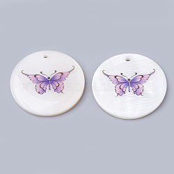 Freshwater Shell Pendants, Flat Round with Butterfly, Creamy White, 30x3~4mm, Hole: 2mm