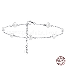 Rhodium Plated 925 Sterling Silver Cable Chain Anklet with Oval Natural Freshwater Pearls for Women, with S925 Stamp, Real Platinum Plated, 8-1/2 inch(21.5cm)