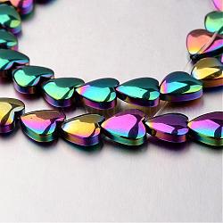 Chapelets de perles en hématite synthétique sans magnétique, cœur, multi-couleur plaquée, 8x8x3mm, Trou: 0.7mm, Environ 55 pcs/chapelet, 15.7 pouce