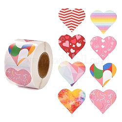 Autocollants étiquette cadeau papier thème saint valentin, 8 style d'étiquettes adhésives en forme de coeur en rouleau d'autocollants, pour la fête, cadeaux décoratifs, colorées, 4.1 cm, à propos 500pcs / roll