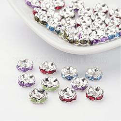 Acrylic Brass Rhinestone Spacer Beads, Grade B, Rondelle, Silver Color Plated, Mixed Color, Size: about 8mm in diameter, hole: 1.2mm