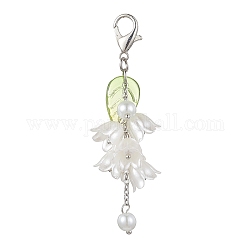 Decoraciones colgantes de acrílico, con cuentas de perlas de imitación de vidrio y cierres de pinza de langosta de aleación, flor con hojas, crema, 70mm