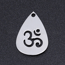 Tema del chakra, 201 ciondolo in acciaio inossidabile tagliato a laser, lacrima, con simbolo aum/om, colore acciaio inossidabile, 15x10x1mm, Foro: 1.2 mm