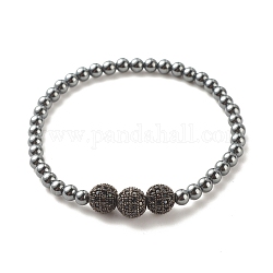 Bracelet extensible perlé rond en hématite synthétique avec zircone cubique, bijoux en pierres précieuses pour femmes, gunmetal, diamètre intérieur: 2-1/4 pouce (5.7 cm)