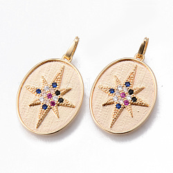 Brass Micro Pave Cubic Colorful Zirconia Pendants, Nickel Free, Oval with Star, Real 18K Gold Plated, 24x18x2mm, Hole: 2x5mm