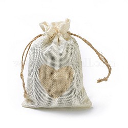 Bolsas de embalaje de arpillera, bolsas de cordón, rectángulo con el corazón, blanco antiguo, 14.2~14.5x10 cm