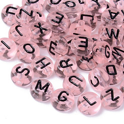 Transparent Acrylic Beads, Horizontal Hole, Flat Round with Random Letters, Pink, 7x3.5mm, Hole: 1.8mm