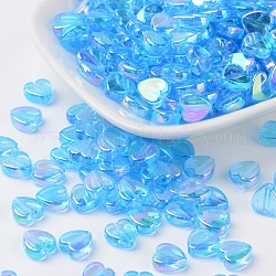 Perles en acrylique transparente, cœur, bleu profond du ciel, ab, taille:  Largeur environ 8mm, épaisseur de 3mm, Trou: 1mm