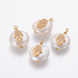 Natural Cultured Freshwater Pearl Pendants, with Brass Micro Pave Cubic Zirconia Findings, Nuggets with Hamsa Hand/Hand of Fatima/Hand of Miriam, Golden, Clear, 17~22x12~16x5~8mm, Hole: 1.8mm