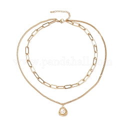 Placage sous vide 304 double chaîne en acier inoxydable collier multicouche avec charme de fleur de perle en plastique pour les femmes, or, 16.34 pouce (41.5 cm)