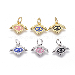 Enamel Pendants, with Brass Findings and Jump Rings, Heart with Eye and Wing, Mixed Color, 10x15.5x1.5mm, Hole: 4mm