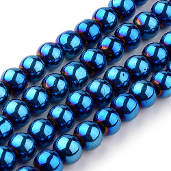 Fili di vetro placca, tondo, blu placcato, perline: circa 6mm di diametro, foro: 0.5mm. circa 13 pollici/filo, 56 pcs / Filo