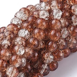Chapelets de perles en verre craquelé peint, deux tons, ronde, selle marron, 8mm, Trou: 1.3~1.6mm, Environ 100 pcs/chapelet, 31.4 pouce