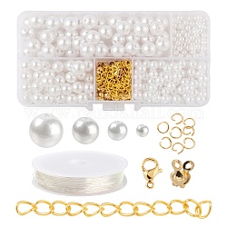Conjuntos de joyas de diy que hacen kits, Incluyendo perlas de imitación de plástico abs, 304 anillos de salto de acero inoxidable y cierres  de pinza de langosta y puntas de cuentas, cadenas helicoidales de hierro, cristal elástico, dorado, abalorios: 300pcs