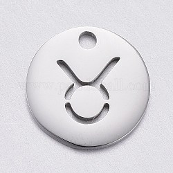 304 Stainless Steel Charms, Laser Cut, Flat Round with Constellation, Hollow, Stainless Steel Color, Taurus, 10x1mm, Hole: 1.2mm