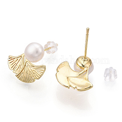 Boucles d'oreilles feuille de ginkgo en laiton et perles naturelles, avec 925 épingle en argent sterling, véritable 18k plaqué or, 14.5x15mm, pin: 0.8 mm