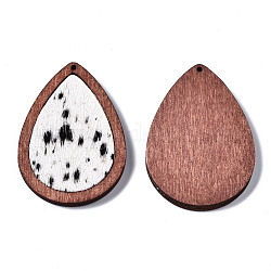 Ciondoli in pelle di vacchetta ecologica, con legno tinto, lacrima con stampa leopardata, nero, 46x32.5x4mm, Foro: 1.2 mm