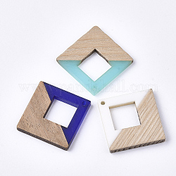 Resin & Wood Pendants, Rhombus, Mixed Color, 37x37x3mm, Hole: 2mm