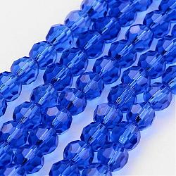 Fili di perline di vetro trasparente, cirstallo austrico imitato, sfaccettato (32 sfaccettatura), tondo, blu, 6mm, Foro: 1 mm, circa 96~98pcs/filo, 20~21 pollice