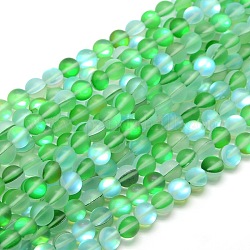 Chapelets de perles en pierre de lune synthétique, perles holographiques, demi couleur ab plaqué, mat, ronde, vert printanier, 10mm, Trou: 1mm, Environ 37 pcs/chapelet, 15 pouce