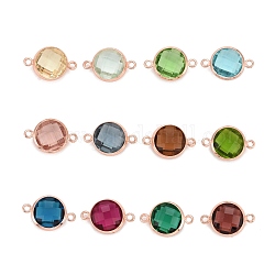Brass Glass Links Connectors, Long-Lasting Plated, Lead Free & Nickel Free & Cadmium Free, Faceted, Flat Round, Real Rose Gold Plated, Mixed Color, 16.5x11x5mm, Hole: 1.4mm