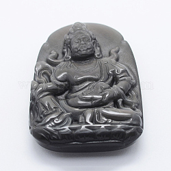 Gros pendentifs obsidienne en sculptée naturelle, Bouddha, 54x38x12mm, Trou: 1.5mm
