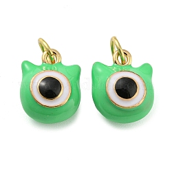 Evil Eye Rack Plating Brass Enamel Charms, with Jump Ring, Long-Lasting Plated, Cadmium Free & Lead Free, Real 18K Gold Plated, Light Green, 11x9x7mm, Hole: 3.8mm