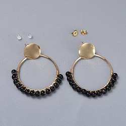 Boucles d'oreilles naturelles pendentif obsidienne, avec les accessoires en laiton, poussoirs d'oreilles en plastique et poussoirs d'oreilles en laiton, 51~52mm, pin: 0.7 mm