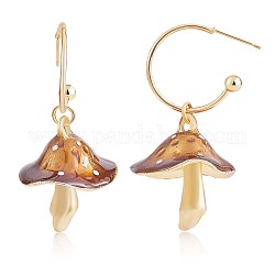 Enamel Mushroom Dangle Stud Earrings, Gold Plated Alloy  Half Hoop Earrings for Women, Brown, 47x24.5mm, Pin: 0.7mm